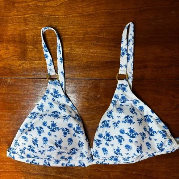 Brand New Ditsy Floral Ring Linked Triangle Bikini Swimsuit Blue & White Various - Picture 7 of 8
